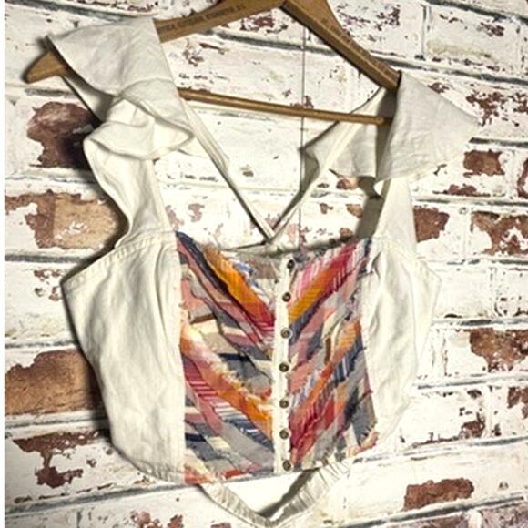 NWT Anthropologie Pilcro Cotton & Linen Multicolor Cropped Ruffle Open Back Tank - Picture 6 of 15